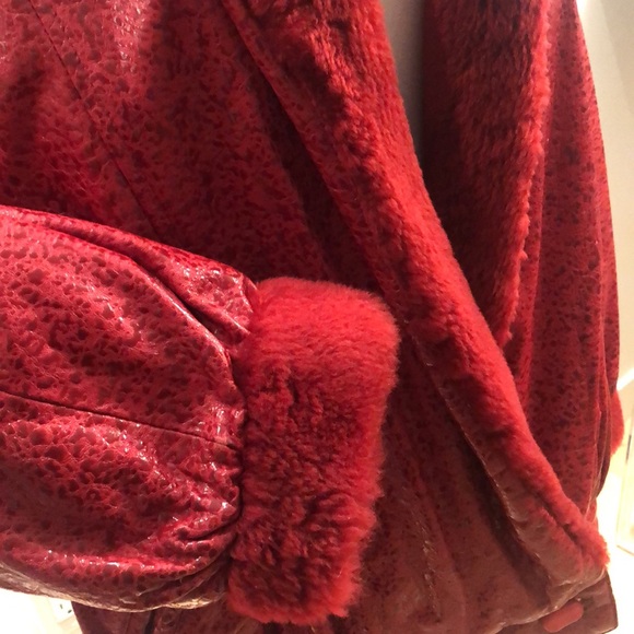 RED LEATHER Jacket lined with Red Rabbit Fur and Red Shearling Color - Picture 9 of 14